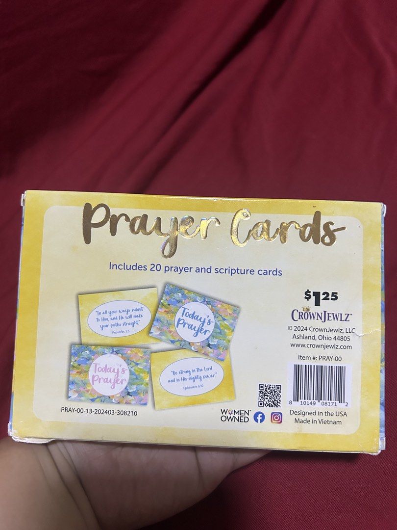 CrownJewelz Prayer Cards - Inspirational Scripture & Prayer (Category: Religious Items) located in Paranaque City. Submitted by allthatclutterph (Listing ID 1451448286, Image 2). Description: - 20 CrownJewelz prayer cards - Features uplifting prayers and scripture - Ideal for personal reflection or sharing - Designed in the USA, made in Vietnam - Perfect for spiritual guidance and peace - Brand new, only opened to take photos - a bit of tear on t