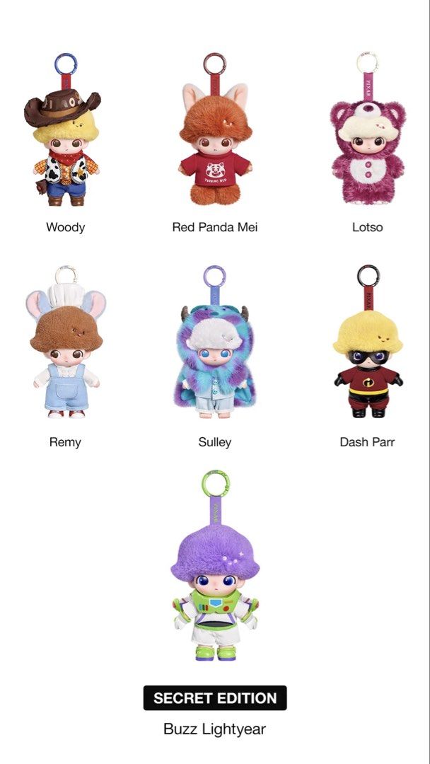 Dimoo and Pixar Plush Vinyl Pendant Collab (Category: Plushies & Soft Toys) located in Manila. Submitted by kyle022022 (Listing ID 1451517076, Image 1). Description: * below SRP ✨ Woody - sold Red Panda Mei - available Lotso - sold Remy - sold Sulley - sold Dash Parr - available - Ideal accessory for bags, backpacks, or keys..