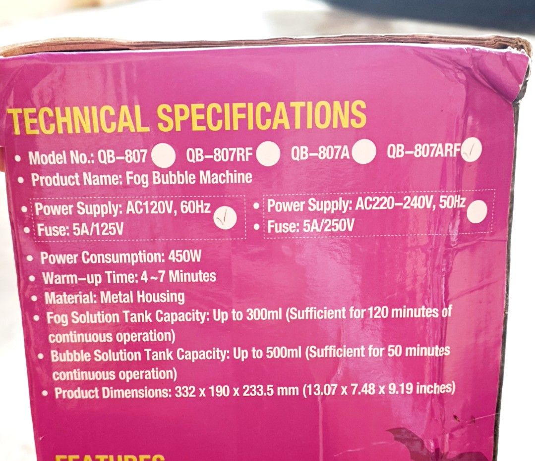 Fog Bubble Machine 450 Watts DJ Party (Category: Occasions & Party Supplies) located in Kuala Langat. Submitted by rezqiyusufcowarehouse (Listing ID 1451341723, Image 2). Description: Power Supply : 120V AC, 60Hz (❗need to use voltage converter for Malaysia power supply).
