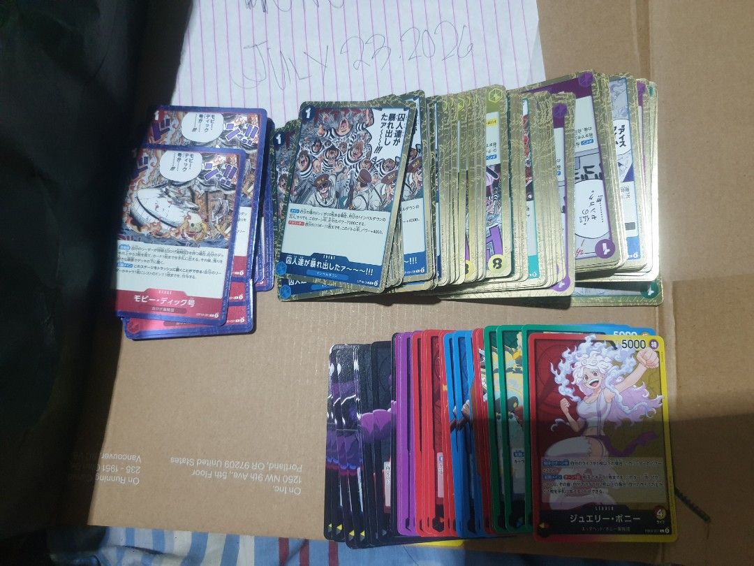 For sale as pack/bundle One Piece TCG (Category: Raw Singles) located in Las Pinas. Submitted by luciprens (Listing ID 1451413279, Image 2). Description: Leader cards (39pcs. ) Rare cards ( 656pcs ) Event cards ( 98pcs ) Stage cards ( 17pcs ) *Marco OP16-014 One Piece The Time of Battle - 16pcs. *Monkey.D.Luffy OP16-095 One Piece Japanese The Time of Battle -7pcs. *Kouzuki Momonosuke OP16-085 One Piece Japanese The Time of Battle-12pcs. *Mr.1 Daz