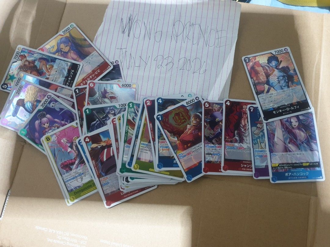 For sale as pack/bundle One Piece TCG (Category: Raw Singles) located in Las Pinas. Submitted by luciprens (Listing ID 1451413279, Image 1). Description: Leader cards (39pcs. ) Rare cards ( 656pcs ) Event cards ( 98pcs ) Stage cards ( 17pcs ) *Marco OP16-014 One Piece The Time of Battle - 16pcs. *Monkey.D.Luffy OP16-095 One Piece Japanese The Time of Battle -7pcs. *Kouzuki Momonosuke OP16-085 One Piece Japanese The Time of Battle-12pcs. *Mr.1 Daz