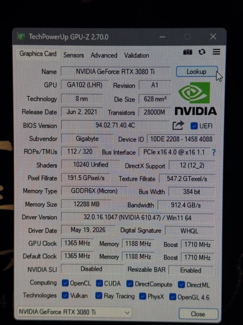 Gigabyte GeForce RTX 3080 Ti Graphics Card (Category: Computer Parts) located in Seri Kembangan. Submitted by yong456 (Listing ID 1448119221, Image 3). Description: - Gigabyte RTX 3080 Ti Graphics Card - Powerful triple-fan cooling system - Comes with original packaging - Perfect for high-performance gaming.