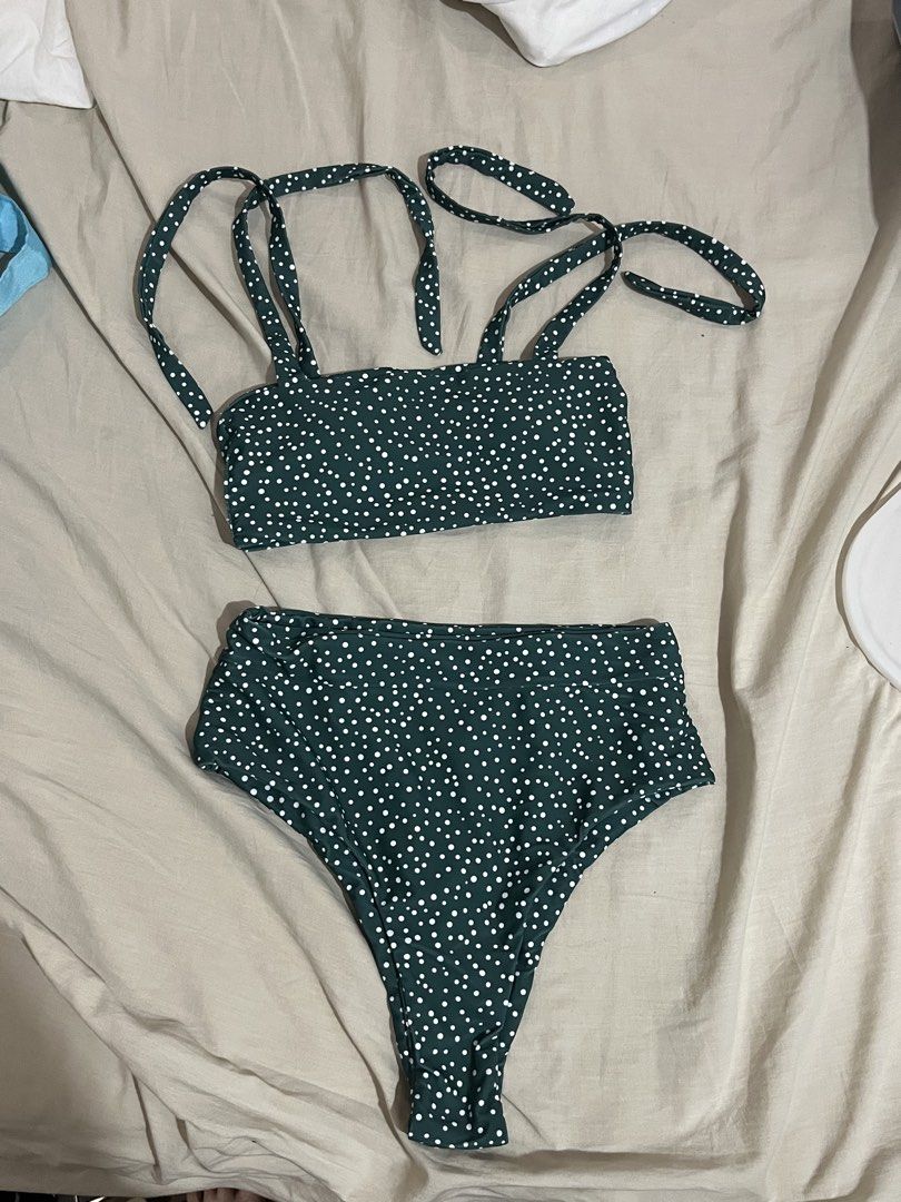 Green polka dot high waisted bikini set (Category: Bikinis & Swimsuits) located in Manila. Submitted by mxinii (Listing ID 1451441162, Image 1). Description: - Adorable green bikini with classic white polka dots. - Flattering high-waisted bottoms. - Adjustable tie-strap top for a perfect fit. - summer swimsuit.
