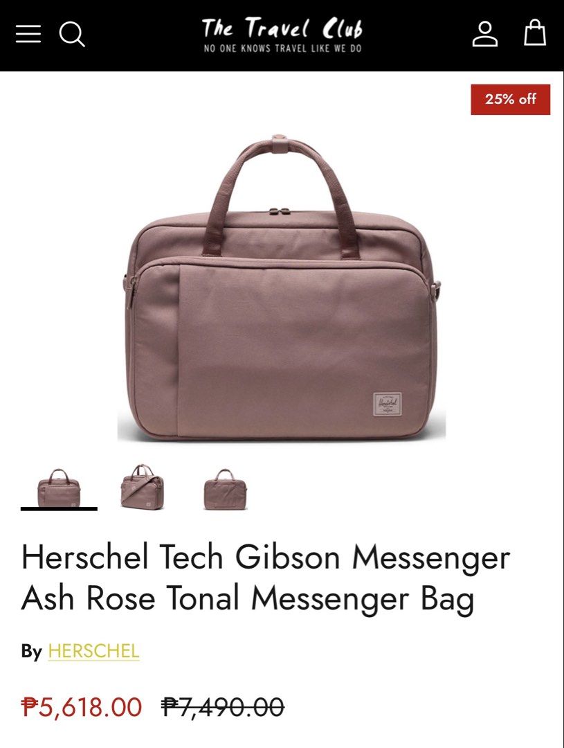 Herschel Gibson Messenger Tech 18L (Category: Cross-body Bags) located in Tagum. Submitted by preloved_by_samantha (Listing ID 1445292886, Image 2). Description: - Currently priced at Php 5,618.00 at the Travel Club (see photos) - Dusty rose duffel bag - Large front pocket for easy access - Additional side pockets - Sturdy handles for comfortable carrying - Side zippers for extra storage/access - Ideal for travel or gym use.