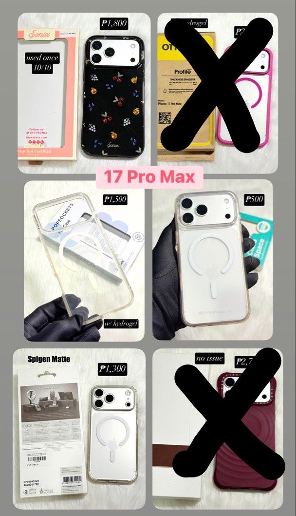 iphone 17 pro max case all authentic (Category: Cases & Sleeves) located in Quezon City. Submitted by mva08 (Listing ID 1449534500, Image 1). Description: ✨FOR SALE ONLY / NO TRADES ***ALL FOR IPHONE 17 PRO MAX*** ✨EXCELLENT TO LIKE NEW CONDITION ✨EXPECT MINOR SIGNS OF USAGE PO SA IBA KASI NORMAL NA YAN SA USED 😉 ✨SOME WITH HYDROGEL NA ✨CAN SEND PICS UPON REQUEST PO 🛵LALAMOVE READY (SAGOT MO PO) 🛵FOR PROVINCIAL - J&T (NO COD) 📍DILIMAN QUEZON 