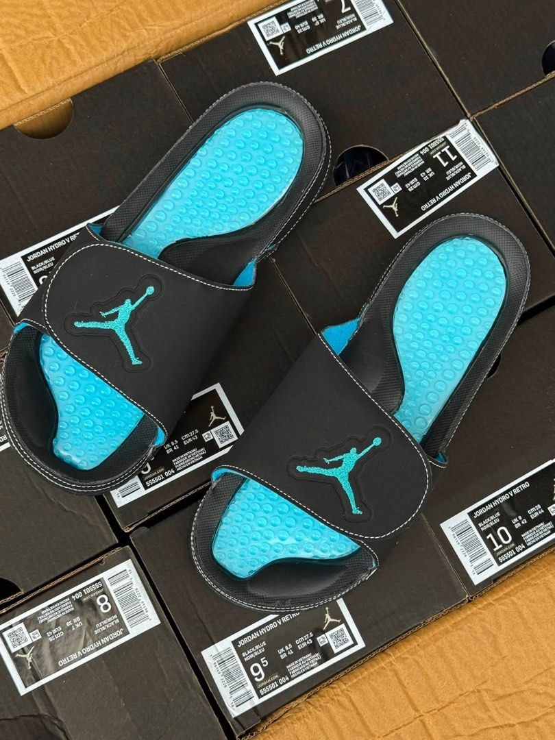 Jordan Hydro V Retro Slides Black Teal (Category: Slippers & Slides) located in Manila. Submitted by gfunkcap (Listing ID 1451430507, Image 3). Description: - Jordan Hydro V Retro slides in black and teal. - Features the iconic Jumpman logo. - Comfortable and stylish for everyday wear. - Includes original boxes. - Available in multiple sizes..
