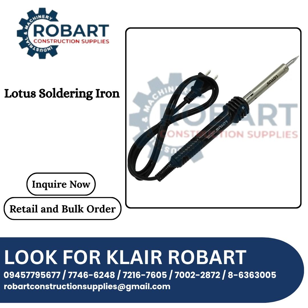 Lotus Soldering Iron (Category: Construction Tools & Equipment) located in Caloocan City. Submitted by klair_robart (Listing ID 1451350478, Image 1). Description: Handle Type: Slim pencil-like handle Heating Time: Working temperature reached in approximately 2 minutes Suitable Materials: Copper, Tin, Brass, Stained Glass Usage: Electrical and electronics soldering Ideal Applications Electrical repair and wiring tasks Electronics soldering applica