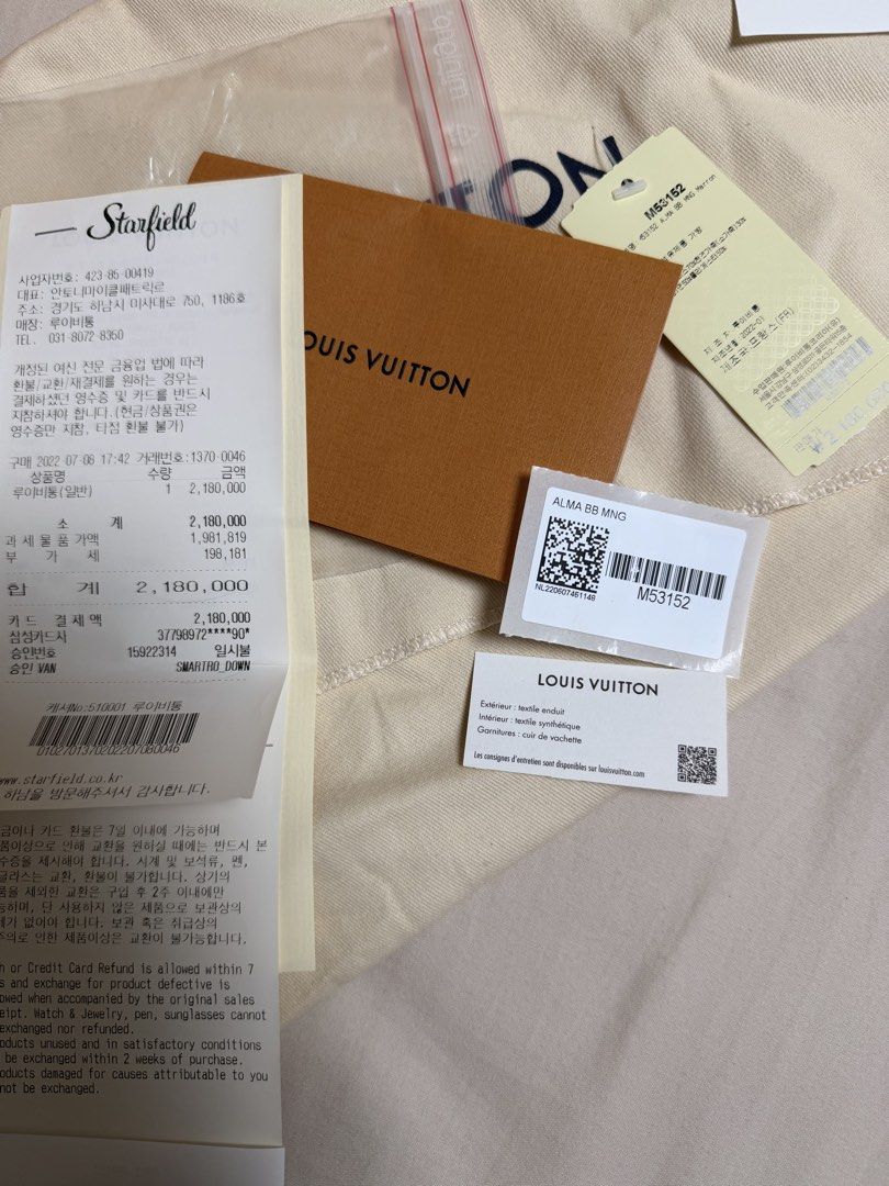 Louis Vuitton Alma BB Monogram Canvas (Category: Luxury Bags & Wallets) located in Navotas City. Submitted by k.6549 (Listing ID 1451350569, Image 2). Description: - Authentic Louis Vuitton Alma BB bag 2022 🌼Microchipped - Monogram canvas - Purchased from Starfield korea - Includes dust bag, box, shopping bag, receipt, and CHIC LAB authenticity card from korea.