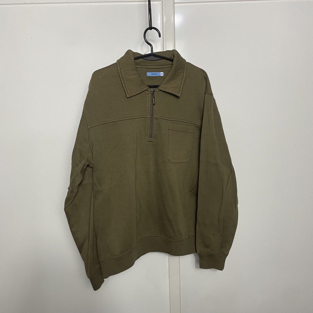 MADICO Quarter Zip Sweatshirt - Olive Green (Category: Coats, Jackets and Outerwear) located in Caloocan City. Submitted by rmeodizz (Listing ID 1451494911, Image 3). Description: - Olive green quarter zip sweatshirt - Brand: MADICO - Size: Medium (M) - Features a convenient chest pocket - Classic collar design - Perfect for comfortable, casual styling - Great for layering or wearing solo - Pairs easily with pants or jeans.