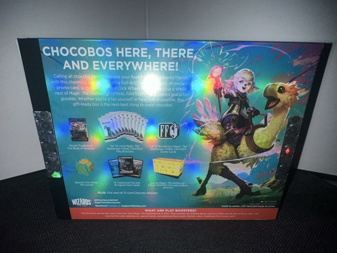 Magic The Gathering Final Fantasy Chocobo Bundle (Category: Card Packs) located in Mandaluyong City. Submitted by alluveon (Listing ID 1451454343, Image 2). Description: Sealed English Version Calling all chocobo fans! Celebrate your fleet-footed, feathered friends with this charming bundle, featuring Full-Art Chocobo Basics, an exclusive promo card, a chocobo-themed Click Wheel life counter, plus a whole nest of Magic: The Gathering—FINAL FANTAS