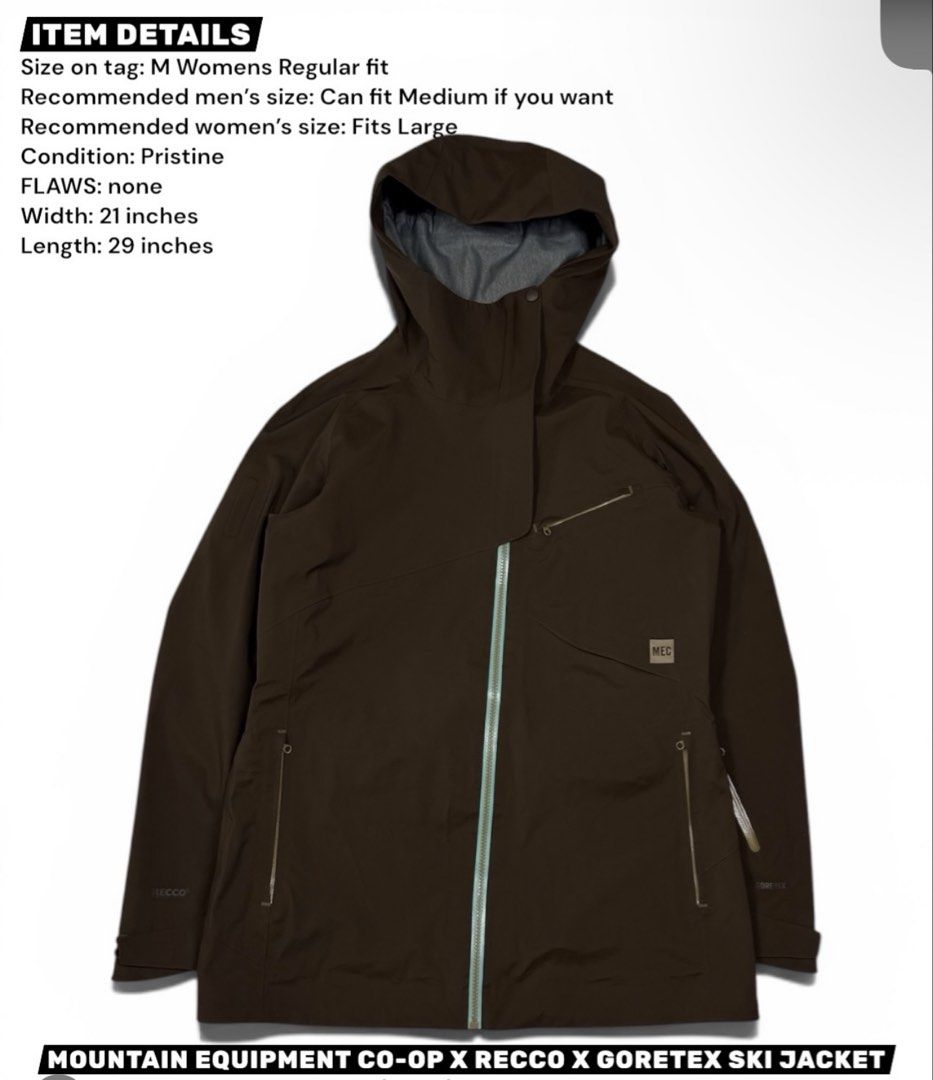 MEC RECCO GORE-TEX Ski Jacket - M Womens (Category: Coats, Jackets and Outerwear) located in Manila. Submitted by personalprelovedmnl (Listing ID 1451459560, Image 1). Description: Brown MEC ski jacket. Made with GORE-TEX and RECCO technology. Size M Womens, fits Large. Width is 21 inches, length is 29 inches. No flaws. Great for hitting the slopes. Message me if you have questions..