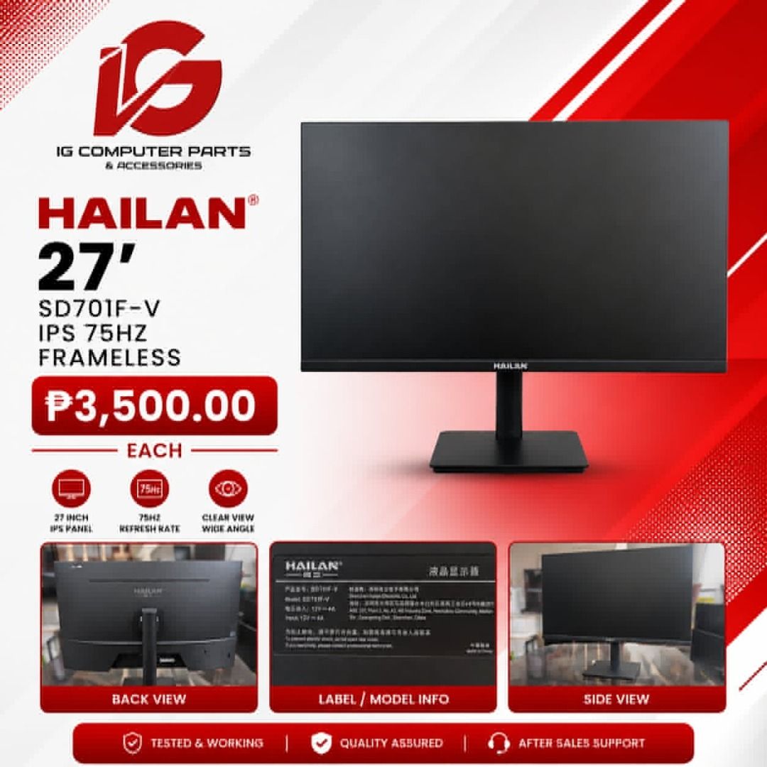MONITOR (Category: Monitor Screens) located in Manila. Submitted by hahna_kim.ortiguez04 (Listing ID 1451384277, Image 1). Description: 🖥️ 27" Ips Frameless Monitor For Sale! 🔥 ✨ HAILAN 27" SD701F-V ✅ Ips Panel ✅ 75Hz Refresh Rate ✅ Frameless Design 💰 ONLY ₱3,500.00 📦 6 Units Available ━━━━━━━━━━━━━━ ✨ PHILIPS 27" 271V8 ✅ Ips Panel ✅ 75Hz Refresh Rate ✅ Frameless Design 💰 ONLY ₱3,500.00 📦 5 Units Available ⚡ Perfect for Work • Online Class 