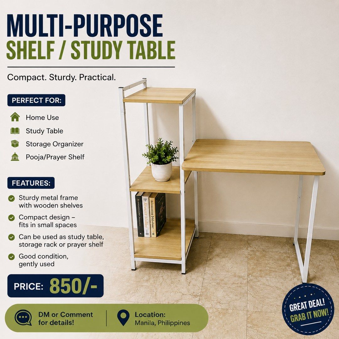 Multi-Purpose Study Table with Storage Shelf | Wooden & Metal Frame (Category: Tables & Sets) located in Manila. Submitted by fiercebear.a3efe1 (Listing ID 1451363051, Image 1). Description: ✨ Multi-Purpose Study Table / Storage Shelf.