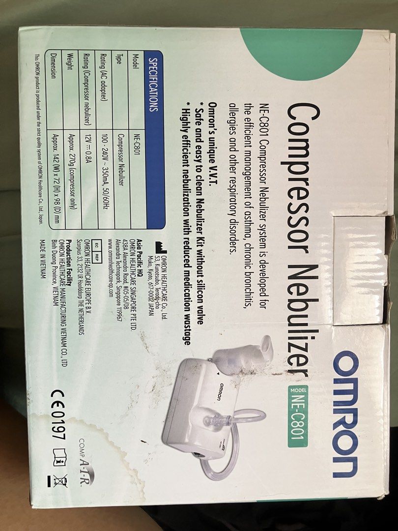 OMRON Compressor Nebulizer NE-C801 (Category: Medical Supplies & Tools) located in Makati City. Submitted by olxph_106271516 (Listing ID 1451326032, Image 2). Description: OMRON NE-C801 Compressor Nebulizer for respiratory relief. Lightweight compact and easy to use for asthma, bronchitis, and allergies. Very reliable for long term home use. In mint condition like new. .