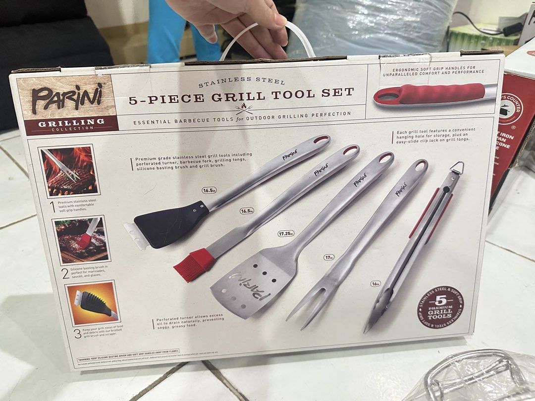 Parini Stainless Steel 5-Piece Grill Tool Set (Category: Cookware & Accessories) located in Quezon City. Submitted by faststone.ba186f (Listing ID 1451444305, Image 2). Description: - Parini 5-piece stainless steel grill tool set - Includes: tongs, spatula, fork, and basting brush - Essential for outdoor grilling perfection - Ergonomic soft grip handles for comfortable use - Hanging holes on each tool for convenient storage - Ideal for your next 