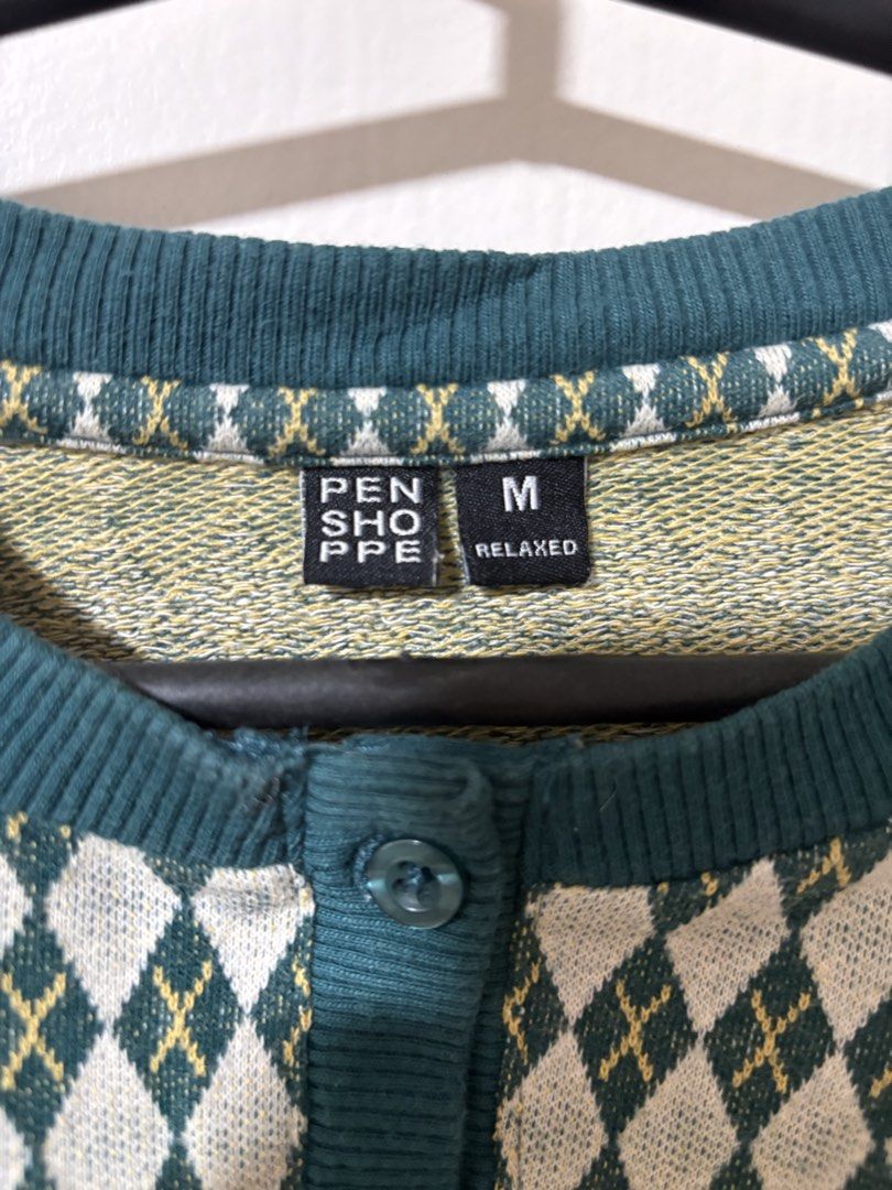 PENSHOPPE Argyle Knit Cardigan Size M (Category: Coats, Jackets and Outerwear) located in Manila. Submitted by eyakb (Listing ID 1451352782, Image 3). Description: - Brand: PEN SHOPPE - Style: Argyle Knit Cardigan - Color: Green and Cream - Fit: Relaxed - Size: Medium (M) - Neckline: Crew Neck - Closure: Button-up front - Length: Cropped - Features: Great for layering, versatile with jeans or skirts..