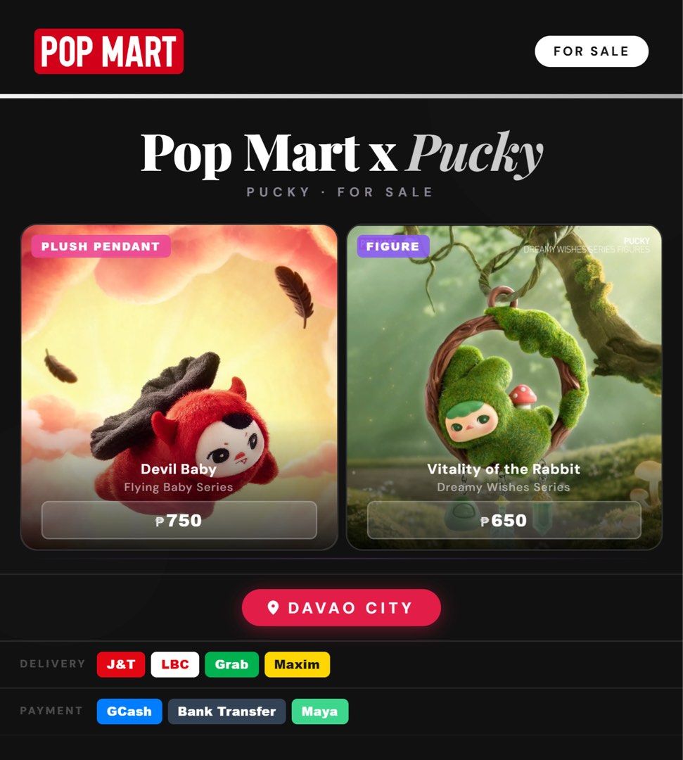 Pop Mart x Pucky Flying Babies Devil Baby (Category: Designer & Blind Box Toys) located in Davao. Submitted by philrhoy (Listing ID 1438876532, Image 1). Description: - Delivery Options: J&T, LBC, Grab, Maxim - Payment Options: GCash, Bank Transfer, Maya - Location: Davao City.
