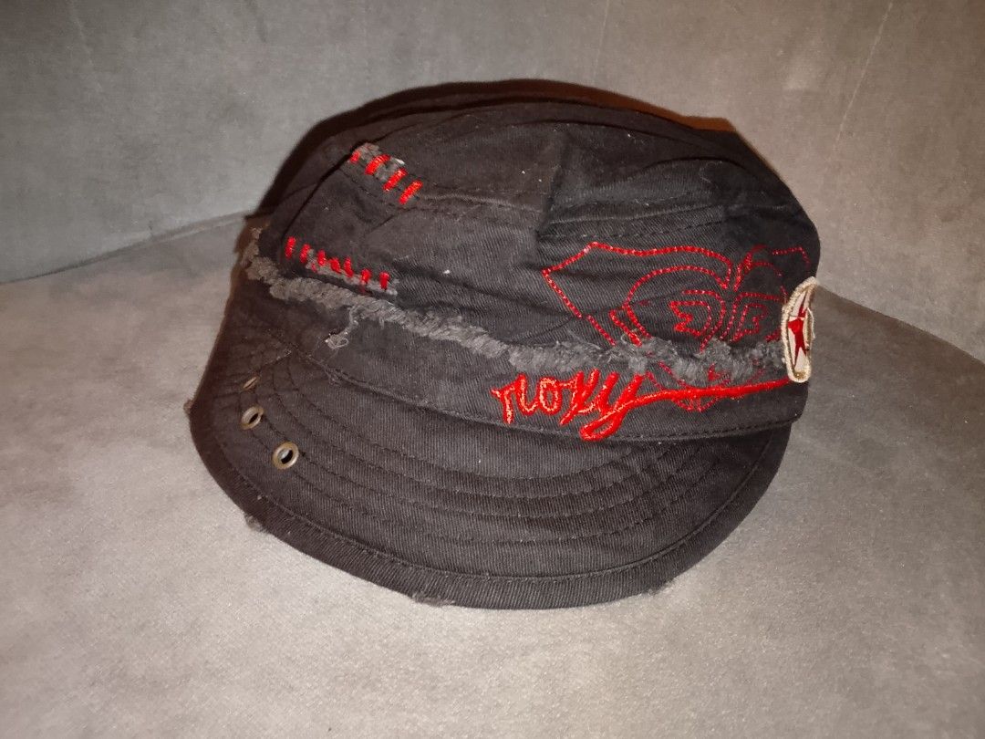 Roxy Black Cotton Round Cap (Category: Caps & Hats) located in Binangonan. Submitted by yuristalin888 (Listing ID 1451383064, Image 1). Description: - Roxy black cotton cap - Red embroidery with star detail - Distressed look with frayed edges and visible stitching - Metal eyelets for ventilation - Cool, edgy accessory for casual wear.