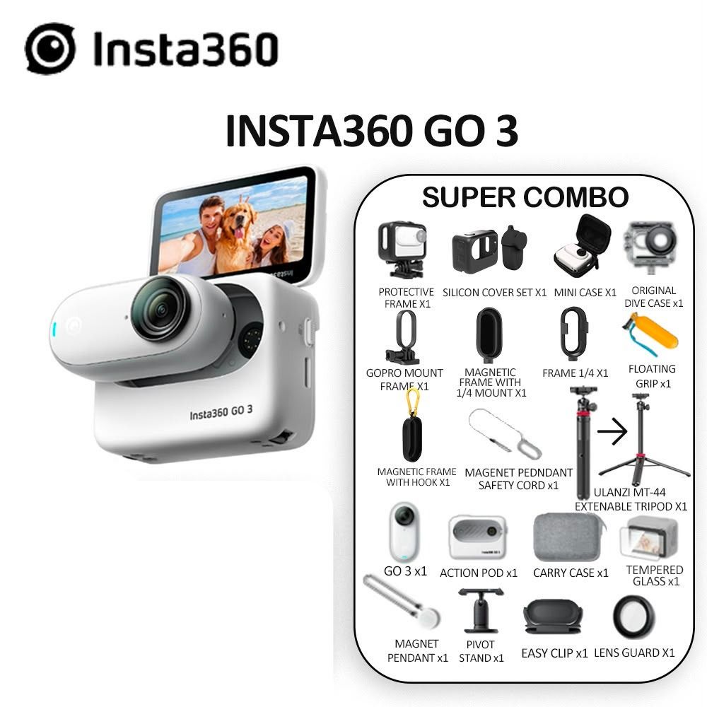 [USED] Insta360 GO 3 128GB Super Combo with Accessories (Category: Cameras) located in Raub. Submitted by minnetee (Listing ID 1451344932, Image 1). Description: - Insta360 GO 3 Super Combo - Includes camera and action pod - Comes with a wide range of accessories: protective frames, cases, mounts, tripod, and more - Everything you need to start capturing adventures.