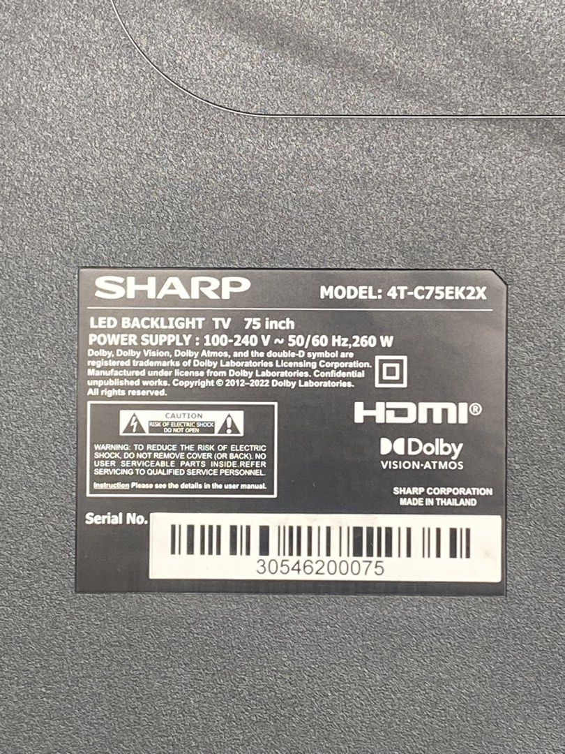 SHARP LED BACKLIGHT TV 75INCH (Category: TV) located in Manila. Submitted by amandy.james (Listing ID 1451331793, Image 3). Description: MODEL:ES-TL10510P-GY SRP:25,099 PWEDE ITEST PICK UP OR LALAMOVE.