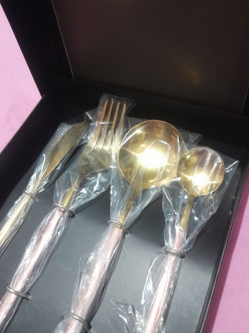 Stainless Steel Cutlery gift set (Category: Dinnerware & Cutlery) located in Quezon City. Submitted by warmturtle.ba931b (Listing ID 1451368860, Image 3). Description: Stainless Steel Cutlery Set ✅ Brand new, never used ✅ Comes in an elegant black gift box ✅ Premium 18-10 stainless steel cutlery set ✅ Beautiful gold-tone spoon heads with silver handles for a modern, classy look ✅ Individually wrapped for protection and hygiene ✅ Perfect for every
