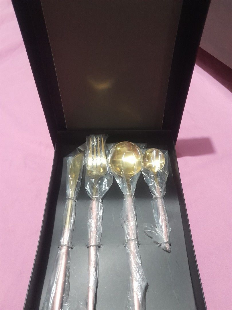 Stainless Steel Cutlery gift set (Category: Dinnerware & Cutlery) located in Quezon City. Submitted by warmturtle.ba931b (Listing ID 1451368860, Image 2). Description: Stainless Steel Cutlery Set ✅ Brand new, never used ✅ Comes in an elegant black gift box ✅ Premium 18-10 stainless steel cutlery set ✅ Beautiful gold-tone spoon heads with silver handles for a modern, classy look ✅ Individually wrapped for protection and hygiene ✅ Perfect for every