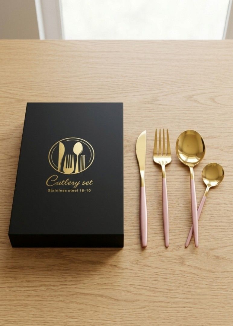 Stainless Steel Cutlery gift set (Category: Dinnerware & Cutlery) located in Quezon City. Submitted by warmturtle.ba931b (Listing ID 1451368860, Image 1). Description: Stainless Steel Cutlery Set ✅ Brand new, never used ✅ Comes in an elegant black gift box ✅ Premium 18-10 stainless steel cutlery set ✅ Beautiful gold-tone spoon heads with silver handles for a modern, classy look ✅ Individually wrapped for protection and hygiene ✅ Perfect for every