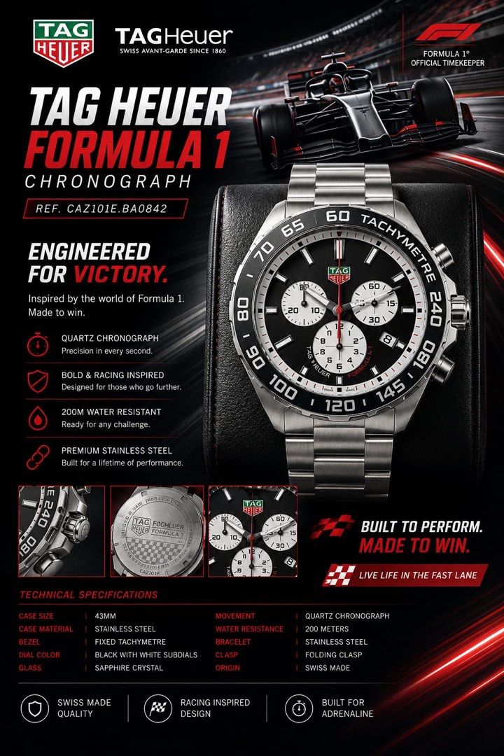 TAG HEUER FORMULA 1 REVERSE PANDA (Category: Luxury Watches) located in Koronadal. Submitted by mykill10 (Listing ID 1441790155, Image 1). Description: TAG HEUER FORMULA 1 CAZ101E REVERSE PANDA (CLASSIC PANDA DIAL) Inclusion: Outer Box , Watch , Extra links and Internation Guarantee card Specification: -Swiss Made -Quartz Movement -Case size: 43mm -Black dial -Sapphire Crystal -Oyster bracelet -Water resistance: 200m -Fixed bezel -Date -100% Guar