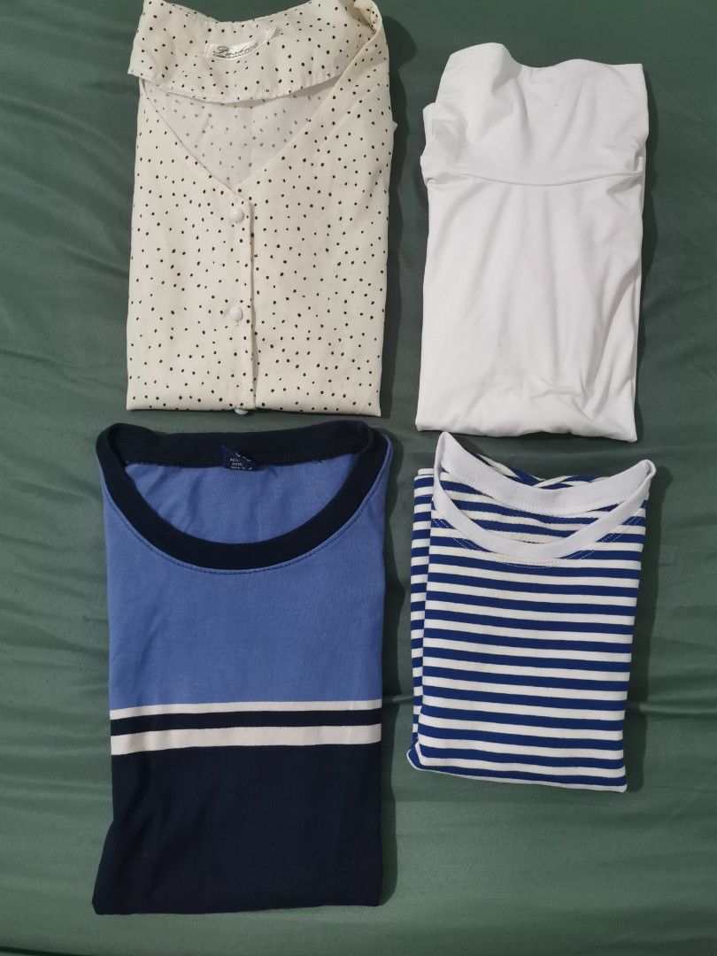 Top BUNDLE (Category: Blouses) located in Paranaque City. Submitted by clarizas.closet (Listing ID 1451507769, Image 1). Description: Top BUNDLE - ₱150 Off white blouse fits M to L Turtleneck fits XS to S Blue and black shirt fits M to L Blue stripes fits S to semi M.