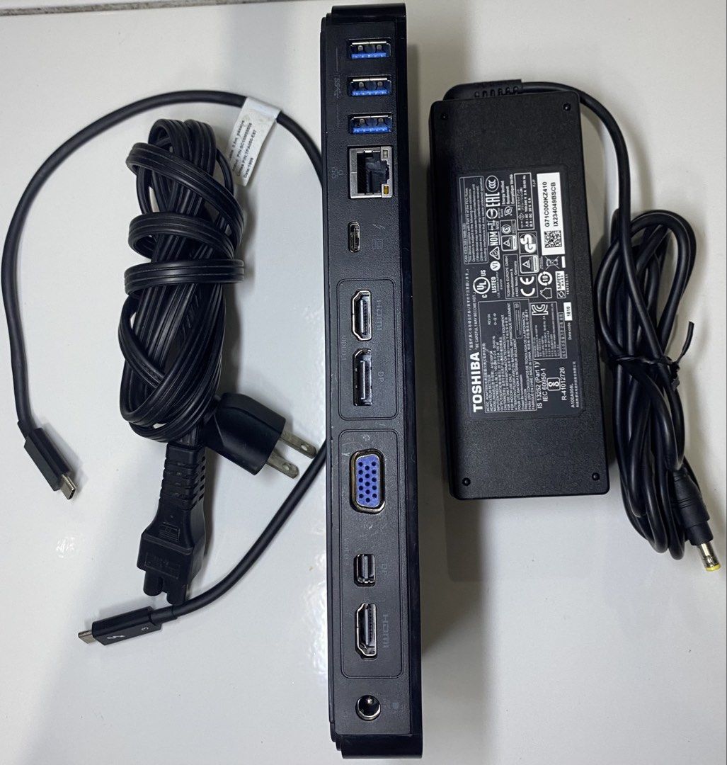 Toshiba Thunderbolt 3 Docking Station with Power Adapter (Category: Cables & Adaptors) located in Calauag. Submitted by pearly.estrella.bjork (Listing ID 1451452292, Image 1). Description: Brand: Toshiba Thunderbolt 3 Docking Station with power adapter and cables. Model: PA5281U-2PRP Condition: Used Price: 2199 Inclusion: *Toshiba Thunderbolt 3 Dock *Thunderbolt 3 USB Type -C cable *AC Adaptor and power cord Front panel *Power indicator light *Po
