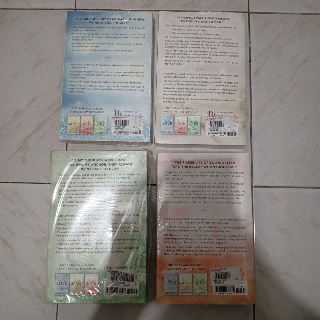 twisted series by ana huang (Category: Storybooks) located in Baliuag. Submitted by ronaldojunior (Listing ID 1451341946, Image 2). Description: books for sale - repriced❗ twisted series by ana huang - 645 each > twisted love > twisted games > twisted lies > twisted hate RFS: decluttering / need space MOD: Direct J&T / SDD (shipping fee must be shouldered by the buyer) MOP: Gcash LOCATION: Baliwag City, Bulacan Message me if you are interested. P