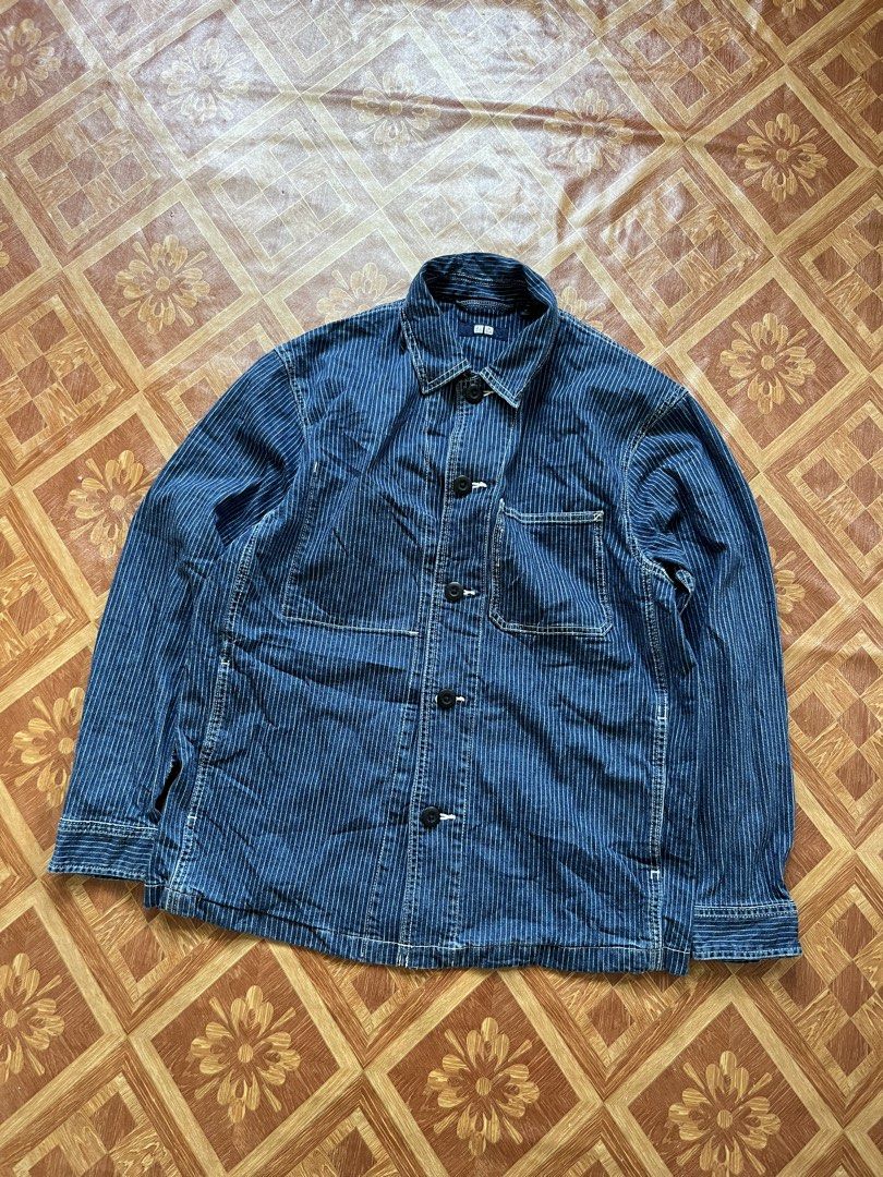 Uniqlo Striped Denim Chore Jacket Size M (Category: Coats, Jackets and Outerwear) located in Manila. Submitted by noribrahim.20 (Listing ID 1451385743, Image 1). Description: - Uniqlo chore jacket - Blue pinstripe denim fabric - Button-up front closure - Two chest pockets - Two side pockets - Button cuffs on sleeves - Ideal for layering - Made in Bangladesh.