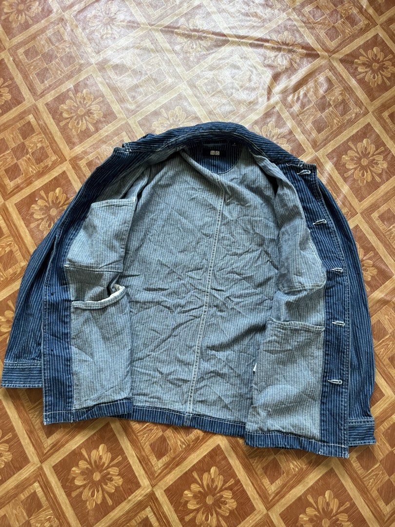 Uniqlo Striped Denim Chore Jacket Size M (Category: Coats, Jackets and Outerwear) located in Manila. Submitted by noribrahim.20 (Listing ID 1451385743, Image 2). Description: - Uniqlo chore jacket - Blue pinstripe denim fabric - Button-up front closure - Two chest pockets - Two side pockets - Button cuffs on sleeves - Ideal for layering - Made in Bangladesh.