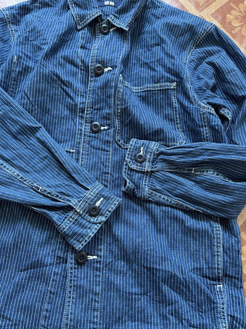 Uniqlo Striped Denim Chore Jacket Size M (Category: Coats, Jackets and Outerwear) located in Manila. Submitted by noribrahim.20 (Listing ID 1451385743, Image 3). Description: - Uniqlo chore jacket - Blue pinstripe denim fabric - Button-up front closure - Two chest pockets - Two side pockets - Button cuffs on sleeves - Ideal for layering - Made in Bangladesh.