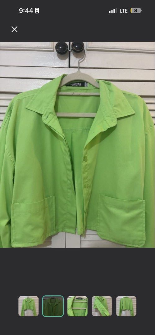 URBAN Light neon Green Cropped Button-Up Jacket (Category: Coats, Jackets and Outerwear) located in Muntinlupa City. Submitted by brandsdeclutter (Listing ID 1451462950, Image 2). Description: - with 1 dot makeup stain - Light green cropped jacket - Collared neckline - Two front pockets - Button front closure - Long sleeves with button cuffs - Easy to style for casual or dressed-up looks.