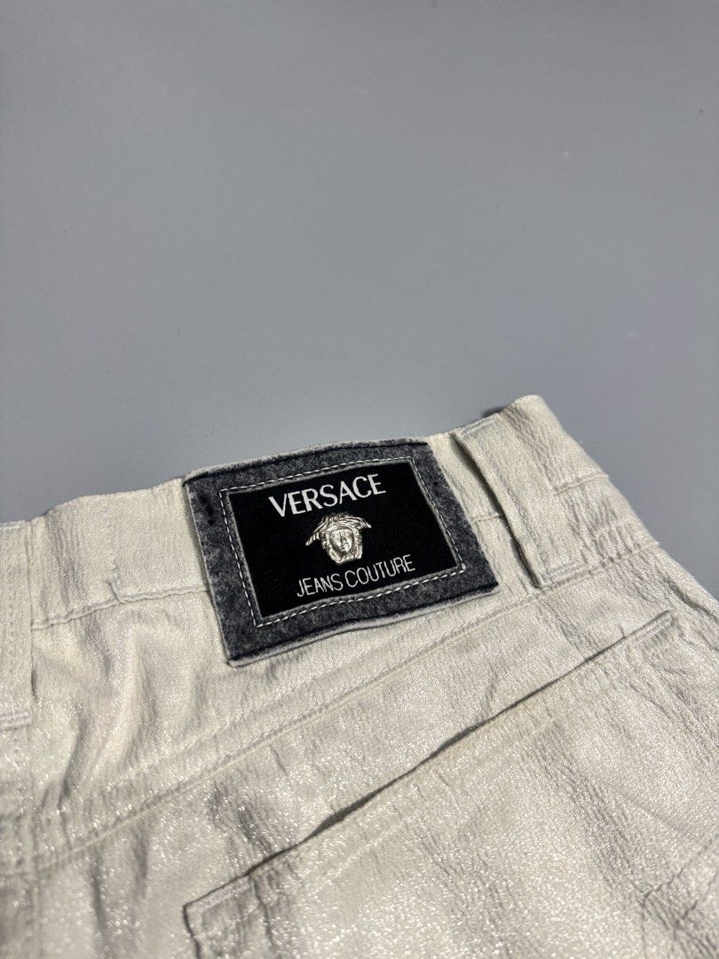 Vintage Versace (Category: Trousers) located in Sipalay. Submitted by collidethrift (Listing ID 1451481363, Image 1). Description: Vintage Versace Jeans Couture metallic / foil-printed Pants Size 28-30 Length 38 Hem 7.5 Excellent Condition 650+ship.