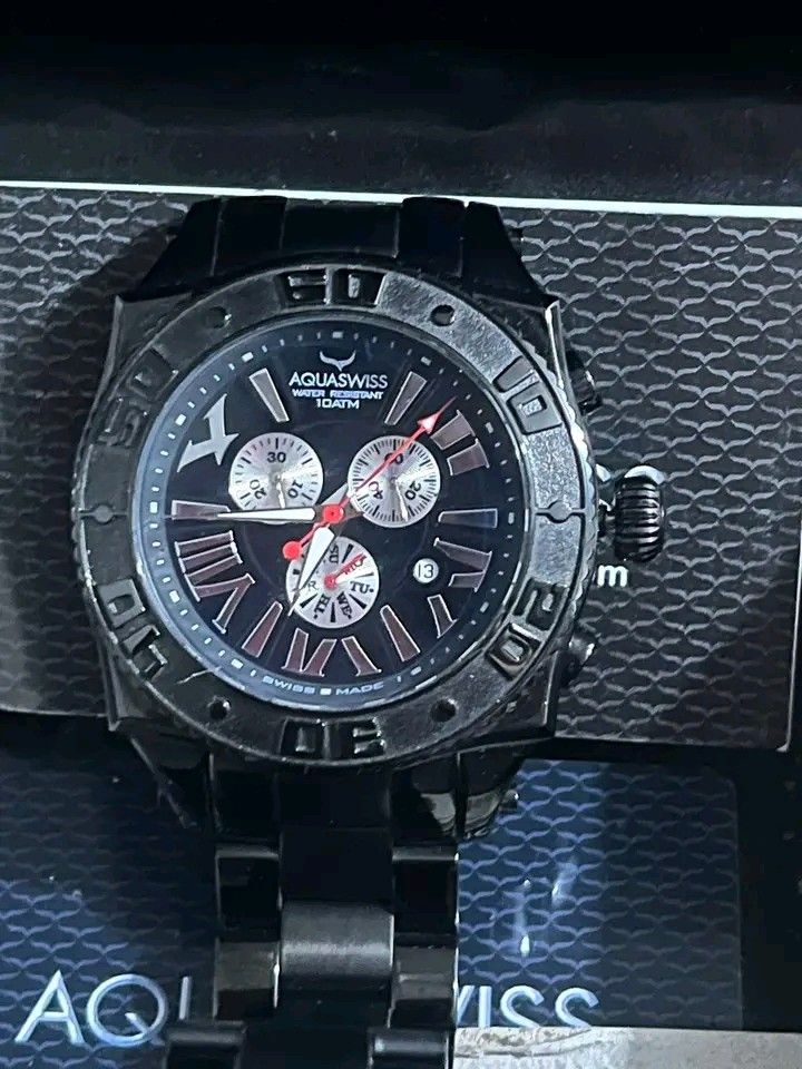 Watch (Category: Men's Watches) located in Manila. Submitted by rubymielbona (Listing ID 1451328067, Image 3). Description: Aquaswiss Swiss Made Chronograph (10 ATM water resistant) na black ion-plated stainless steel watch. *all sub dials are working Sale sale 8k only‼️‼️ Open for lay way✅.
