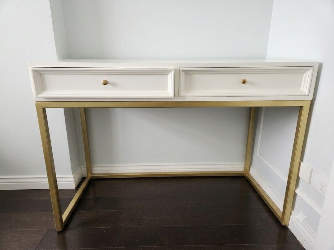 White and Gold Study Desk with Drawers (Category: Tables & Sets) located in Quezon City. Submitted by _msp_ (Listing ID 1447334951, Image 1). Description: Selling this desk as is. Please refer to photos for the stains. :) Dimensions: 109cm (width) 51cm (depth) 76cm (height).