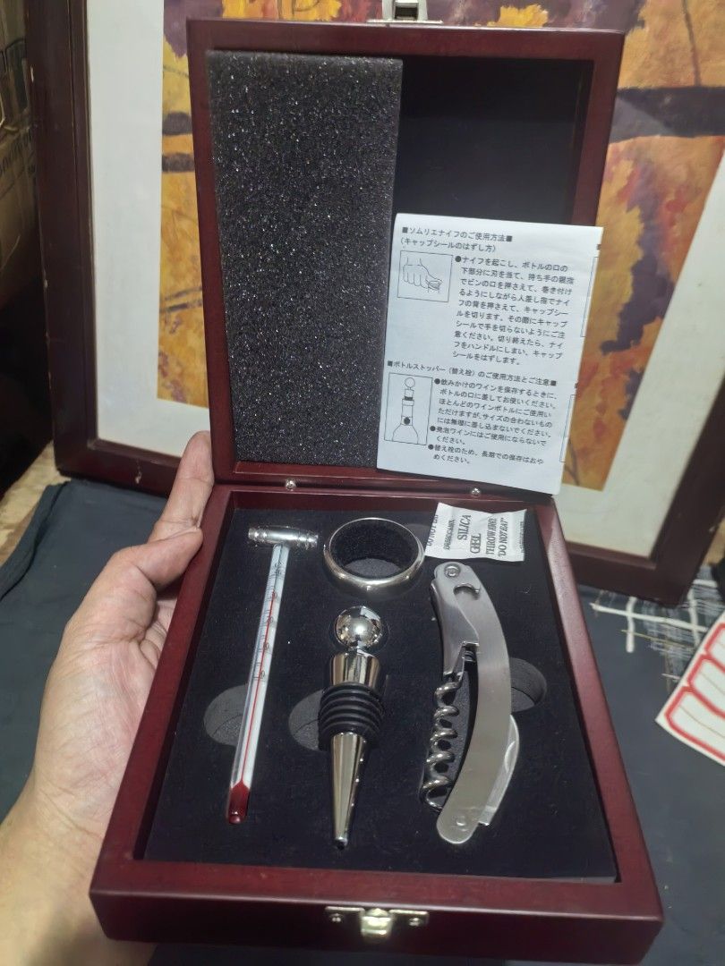 Wine Set Accesories with Wood Box. (Category: Other Kitchenware & Tableware) located in Cebu City. Submitted by dudes_villanueva (Listing ID 1451505847, Image 1). Description: Sommelier Wine Set Accesories with Wood Box. Good as New 📌 The set includes essential barware tools like a corkscrew, bottle stopper, thermometer, and drip ring. 📌 In excellent condition. Box has some few light scratches not an issue..