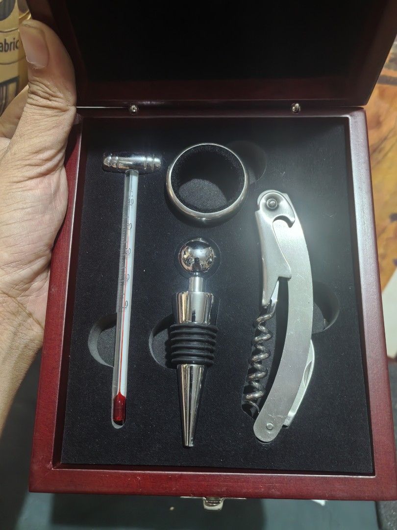 Wine Set Accesories with Wood Box. (Category: Other Kitchenware & Tableware) located in Cebu City. Submitted by dudes_villanueva (Listing ID 1451505847, Image 2). Description: Sommelier Wine Set Accesories with Wood Box. Good as New 📌 The set includes essential barware tools like a corkscrew, bottle stopper, thermometer, and drip ring. 📌 In excellent condition. Box has some few light scratches not an issue..