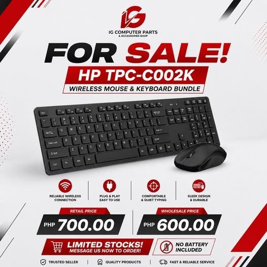 Wireless Keyboard & Mouse (Category: Computer Keyboard) located in Manila. Submitted by hahna_kim.ortiguez04 (Listing ID 1451409786, Image 3). Description: ⌨️🖱️ HP TPC-C002K Wireless Keyboard & Mouse Combo 🖱️⌨️ Upgrade your workspace with the HP TPC-C002K Wireless Keyboard & Mouse Combo—designed for comfort, convenience, and reliable wireless performance. Whether you're working, studying, or browsing, this combo offers a clean and clutter-free 