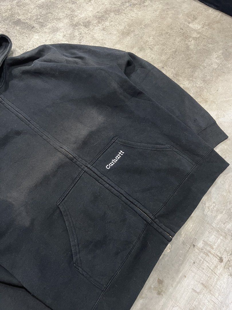 90’s Distressed Carhartt Script Black Zip-Up Hoodie (Category: Hoodies) located in Naga. Submitted by nowhere_archive_shop (Listing ID 1451543488, Image 2). Description: 90’s Distressed Carhartt Black Zip-Up Hoodie Large On Tag 24/29 Good Condition Good Fading Dm.