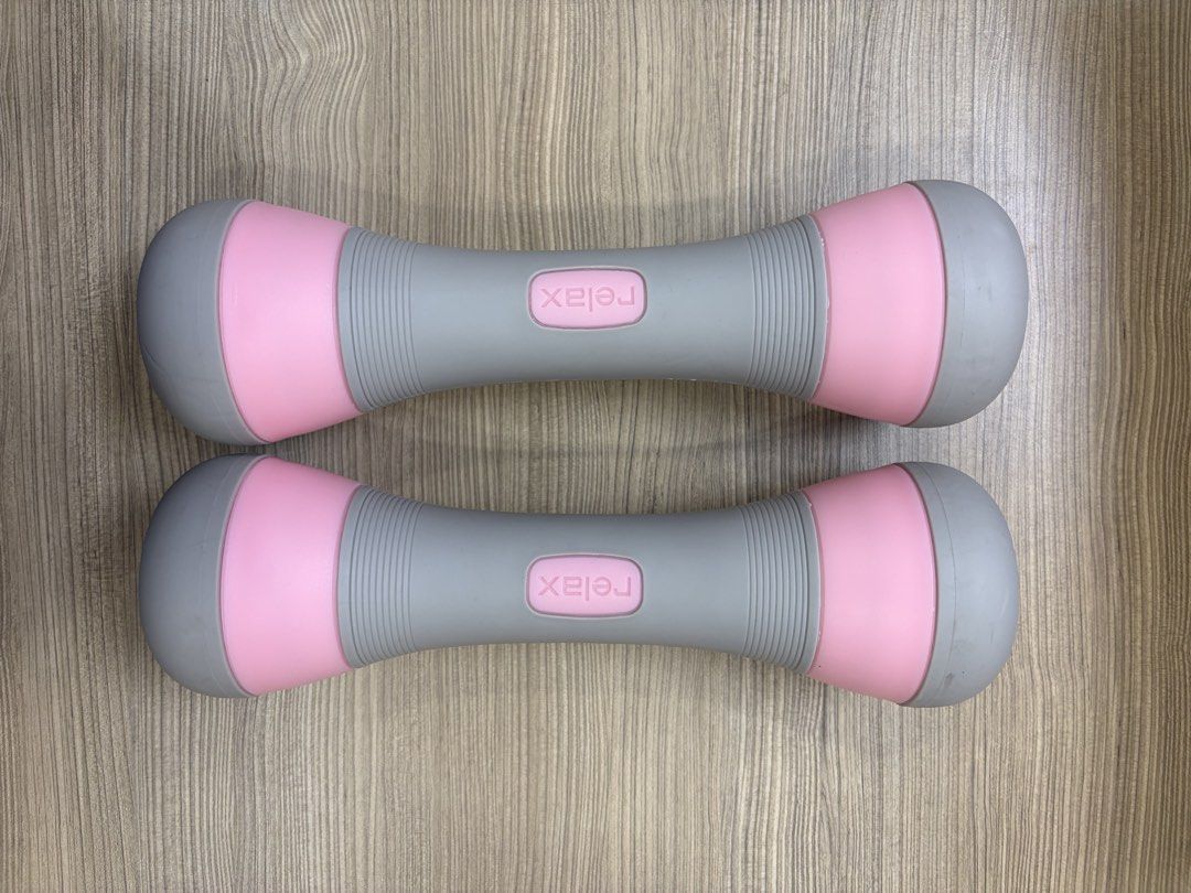 Adjustable Dumbbells (2kg each) (Category: Weights & Dumbbells) located in Makati City. Submitted by declutteringgatm (Listing ID 1451672245, Image 1). Description: - Pink and grey dumbbells - 'Relax' printed on handle - Ideal for home workouts - Lightweight and easy to grip - Perfect for muscle toning - adjustable up to 2kg per dumbbell.