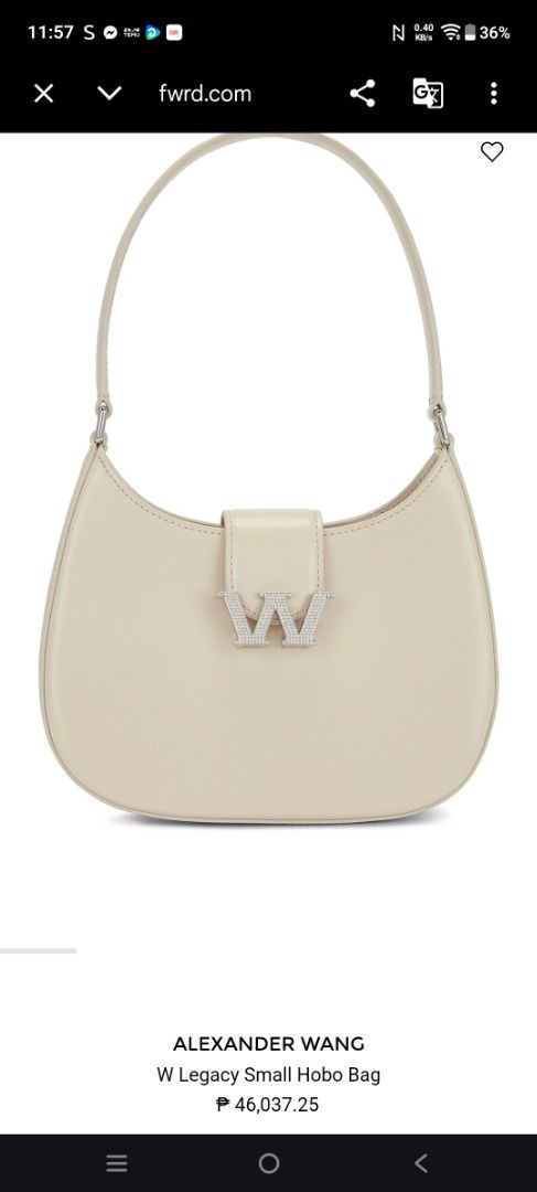 Alexander Wang W Legacy Small Hobo Bag (Category: Luxury Bags & Wallets) located in Legazpi City. Submitted by roxy420 (Listing ID 1451558585, Image 1). Description: - Alexander Wang off-white hobo bag - Features iconic 'W' logo hardware with crystals - Small size, perfect for essentials - Made in Italy.