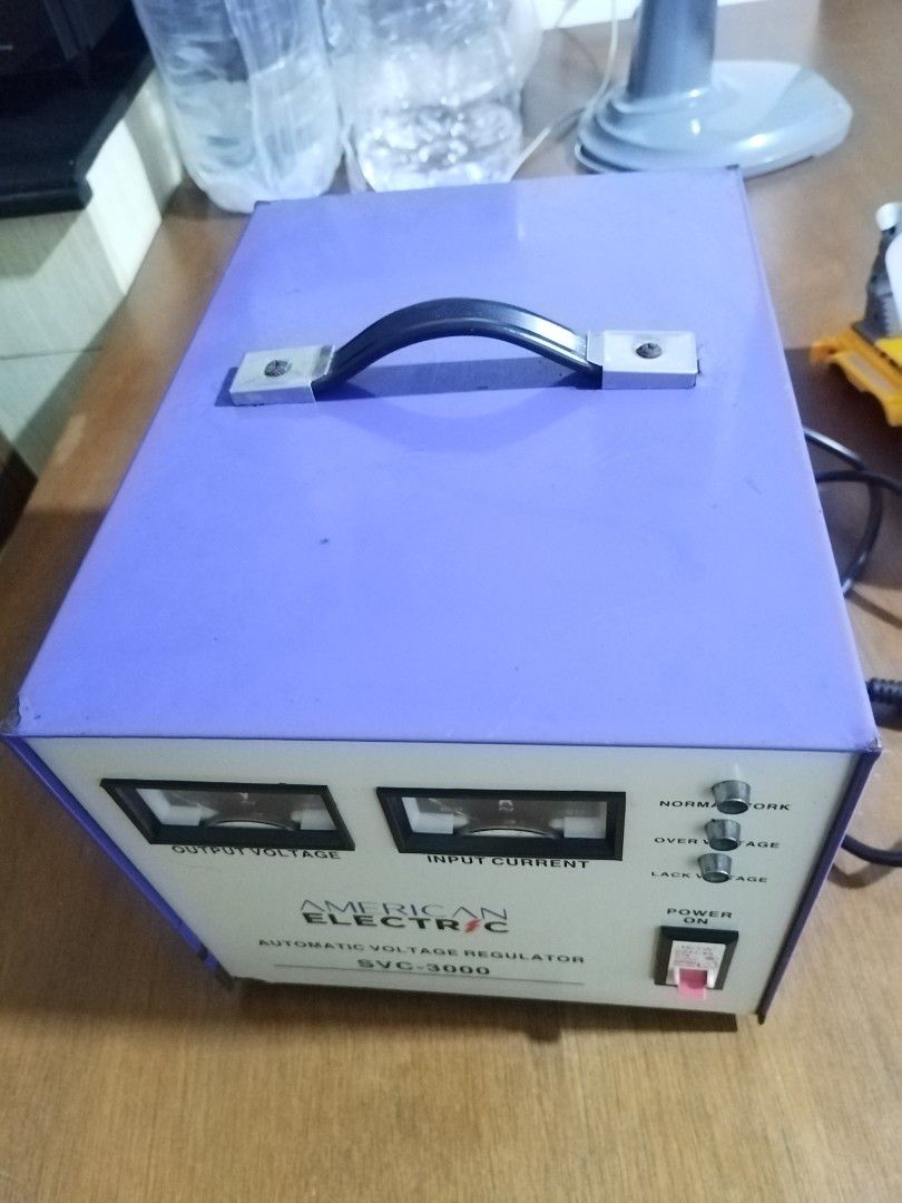 American Electric SVC-3000 Automatic Voltage Regulator (Category: Electrical, Adaptors & Sockets) located in Paranaque City. Submitted by umimariel02 (Listing ID 1451631919, Image 3). Description: American Electric SVC-3000 Automatic Voltage Regulator (AVR) – 3000W Servo Type Original Price: P 11,500 Selling Price: P 6,000 (Negotiable) Selling kasi hndi nagagamit, nakatmabak lang. Used only thrice for our heavy duty threadmill however, threadmill