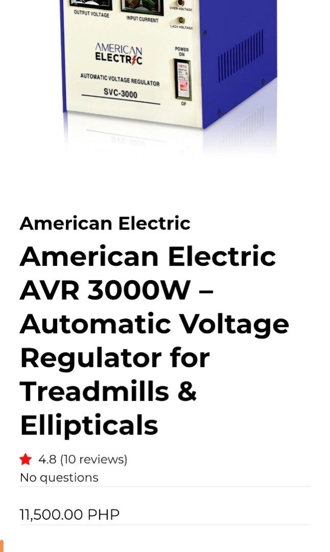 American Electric SVC-3000 Automatic Voltage Regulator (Category: Electrical, Adaptors & Sockets) located in Paranaque City. Submitted by umimariel02 (Listing ID 1451631919, Image 2). Description: American Electric SVC-3000 Automatic Voltage Regulator (AVR) – 3000W Servo Type Original Price: P 11,500 Selling Price: P 6,000 (Negotiable) Selling kasi hndi nagagamit, nakatmabak lang. Used only thrice for our heavy duty threadmill however, threadmill
