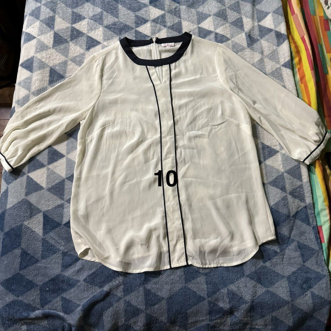Assorted blouses for sale (Category: Blouses) located in Makati City. Submitted by jinger_21 (Listing ID 1451636630, Image 2). Description: Assorted brands Lightly used Fits small to large frames Minimum purchase Php 300.00. (Plus shipping fee) Details: 2. Size Large Color: yellow mustard No brand 3. Size Small Color royale blue Brand: Kashieca 4. Size medium Color white Brand: Memo 5. Size medium Color dark blue Brand: Uniqlo 6. Size Medium Colo