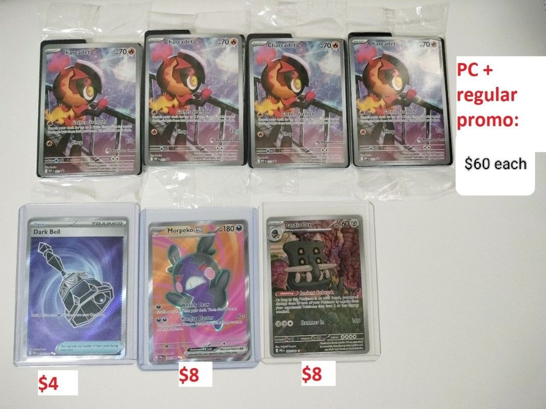 Assorted characters card (Category: Raw Cards) located in Singapore. Submitted by qjlow (Listing ID 1451618213, Image 1). Description: phantasmal flames pokemon center promo cards for sale - Dark Bell Pokemon card: $4 - Morpeko Pokemon card: $8 - Additional Pokemon card: $8 - 4x PC + Regular Promo cards: $60 each.