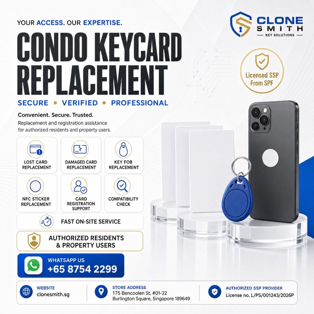 Best Condo / Office Access Card duplication service at Burlington Square #01-22 (2 mins walk from Rochor MRT) 1 year warranty (Category: Home Improvement Tools & Accessories) located in Singapore. Submitted by clonesmith (Listing ID 1195541465, Image 1). Description: Need an Extra Condo/Office Access Card for your Family or Tenant? We used proprietary RFID duplication software with the most advanced RFID hardware. 99.9% success rate. Price from $