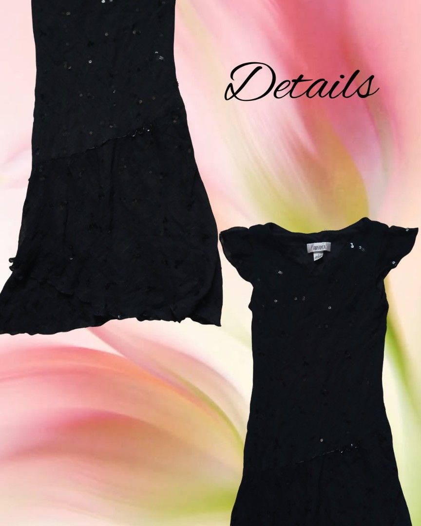Black Sequin V-Neck Cap Sleeve Dress (Category: Dresses) located in Antipolo. Submitted by mochisky (Listing ID 1451667866, Image 2). Description: - Stunning black dress with scattered sequins - Flattering V-neckline and elegant cap sleeves - Unique asymmetrical hemline with a beautiful ruffled detail - Ideal for parties, special occasions, or a glamorous night out - Combines comfort with undeniable style.